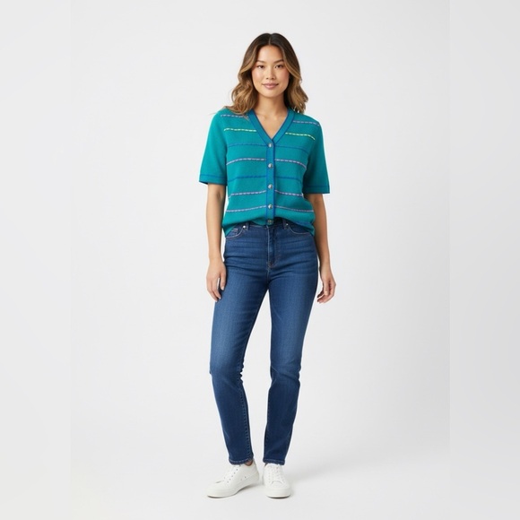 Renate Denim - Vintage Renate Teal Short Sleeve Cardigan – Size 8 – Gold Button